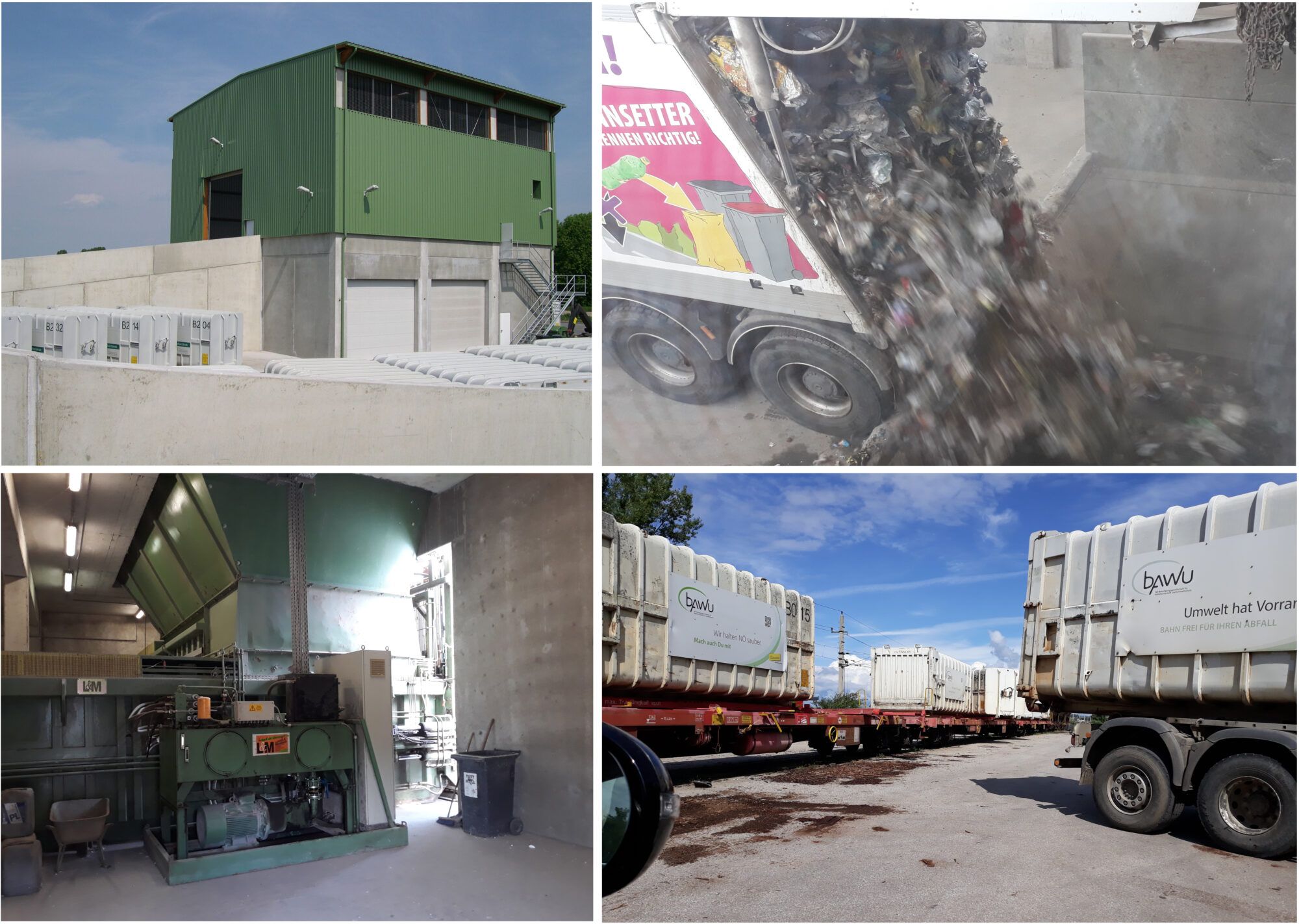 das Bild zeigt vier Fotos der ARGUS Umladestation in Hollabrunn. Links oben das Gebäude, rechts daneben entleert ein Müllfahrzeug Restmüll in die Presse. Am Foto unten links sieht man die Presse von unten, daneben zeigt das Bild, wie die Container auf Bahnwaggons verladen werden.
