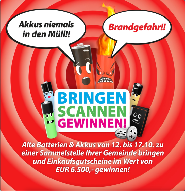 Batterien mit Gesichtern und ein Text auf rotem Hintergrund weisen auf das Gewinnspiel von 12. bis 17. Oktober 2026 hin. 