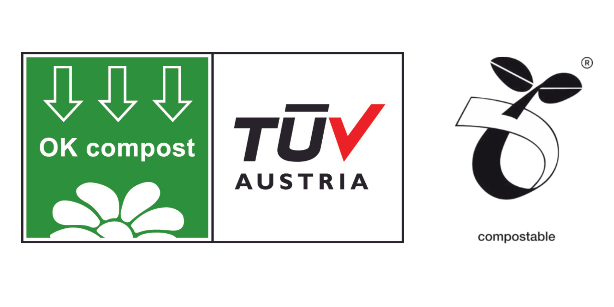 2 G&uuml;tesiegel (OK Kompost) und (Compostable) sind abgebildet.