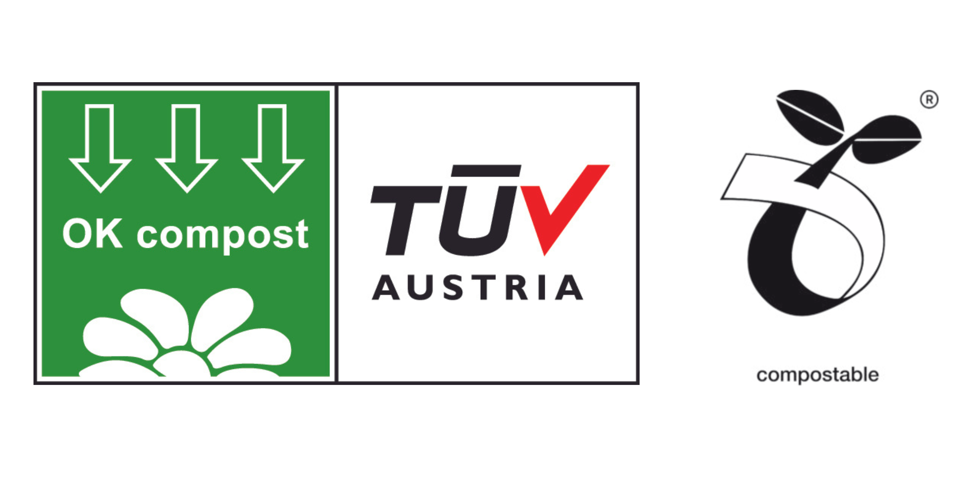 2 Gütesiegel (OK Kompost) und (Compostable) sind abgebildet.