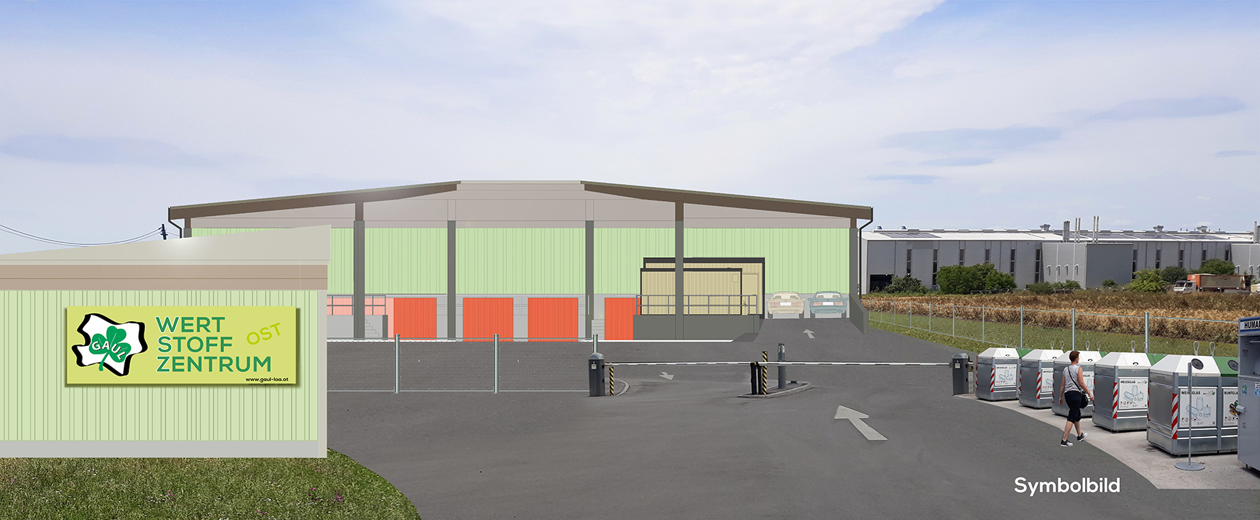 Symbolbild für das Wertstoffzentrum Laa/Thaya - es ist die Halle mit Auffahrtsrampe, Containern, Schranken, Glascontainern zu sehen.